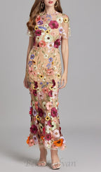 Flowering Girl Women FLORAL EMBROIDERY MESH FISHTAIL MIDI DRESS IN BROWN