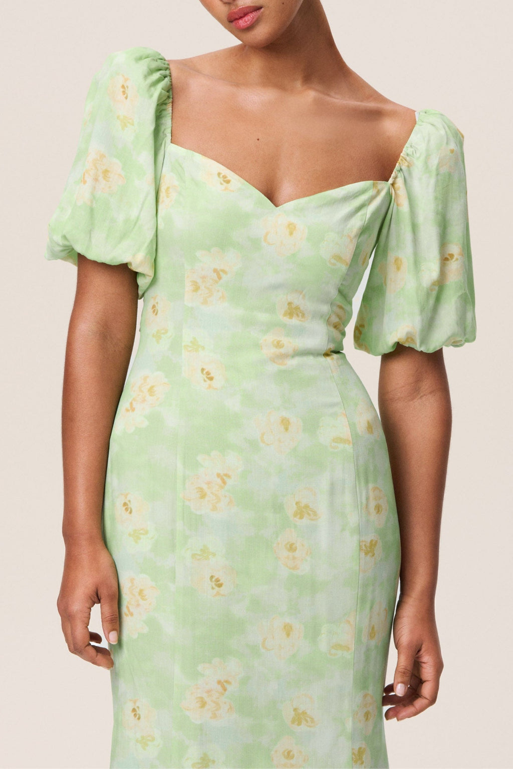 Flowering Girl Women Floral Puff Sleeve Midi Dress In Green