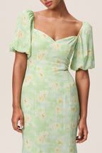 Flowering Girl Women Floral Puff Sleeve Midi Dress In Green