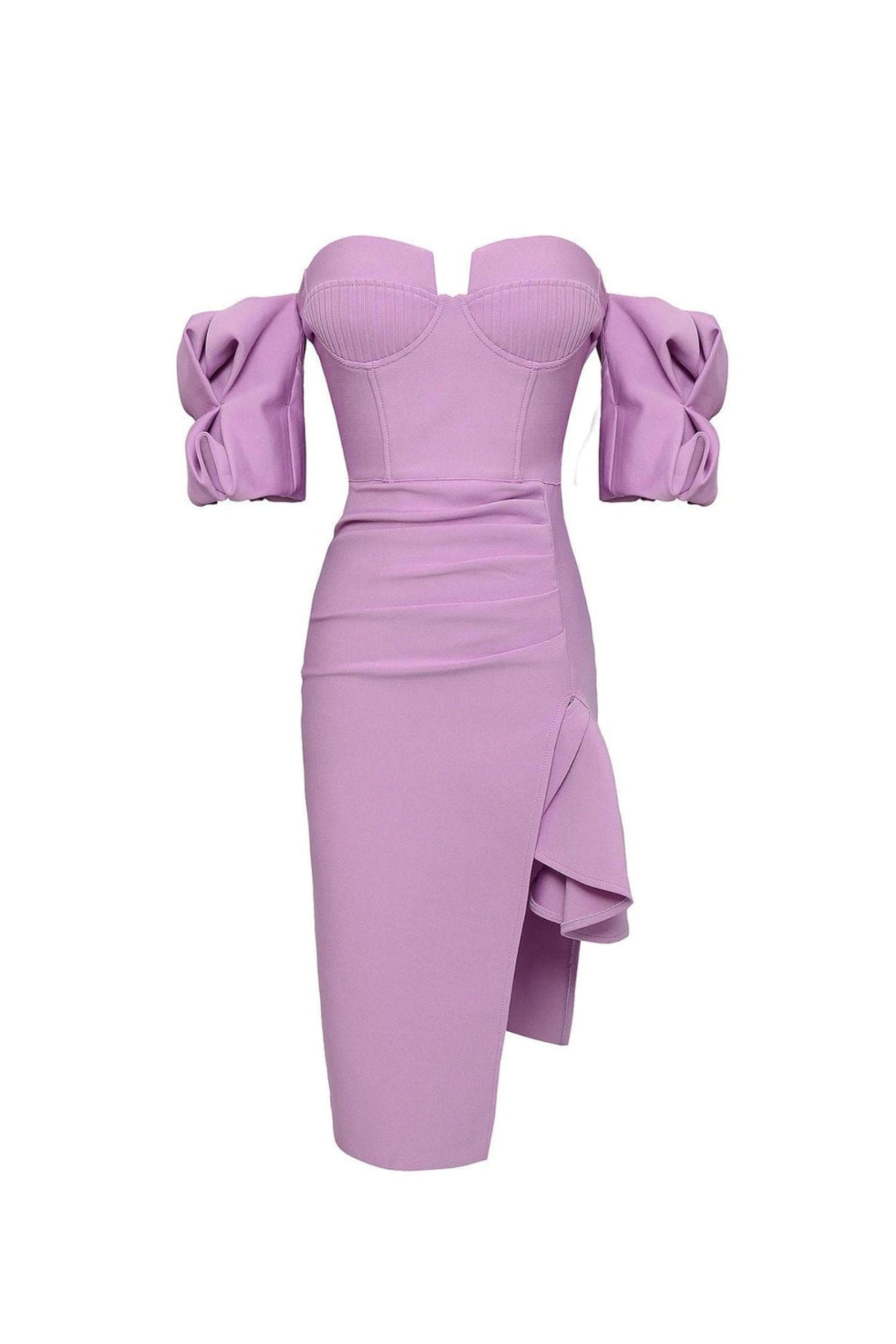 Flowering Girl Women Strapless Draped Sleeve Slits Bandage Dress In Purple