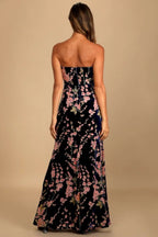 Flowering Girl Women Navy Blue Floral Print Velvet Strapless Maxi Dress