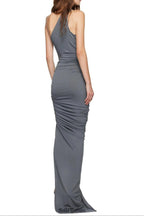 one-shoulder sleeveless ruched bodycon maxi dress in grey