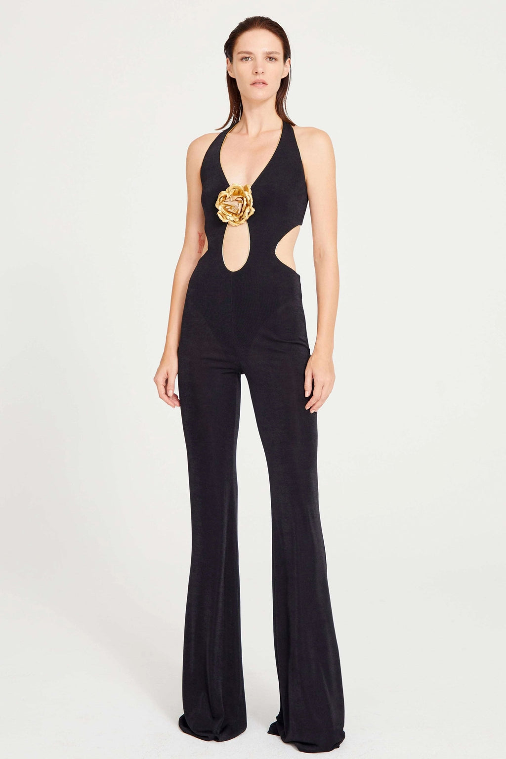 Flowering Girl Women Cutout Floral Jumpsuits In Black