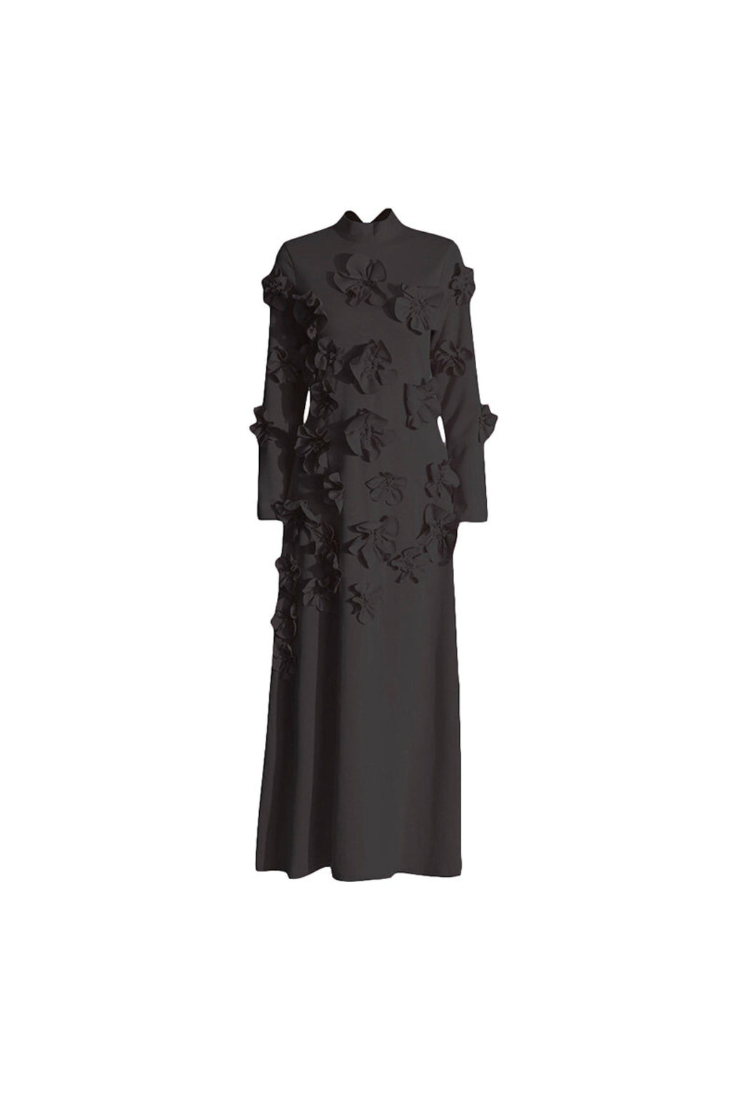 Flowering Girl Women 3D Flower Stand Collar Long Sleeve Midi Dress