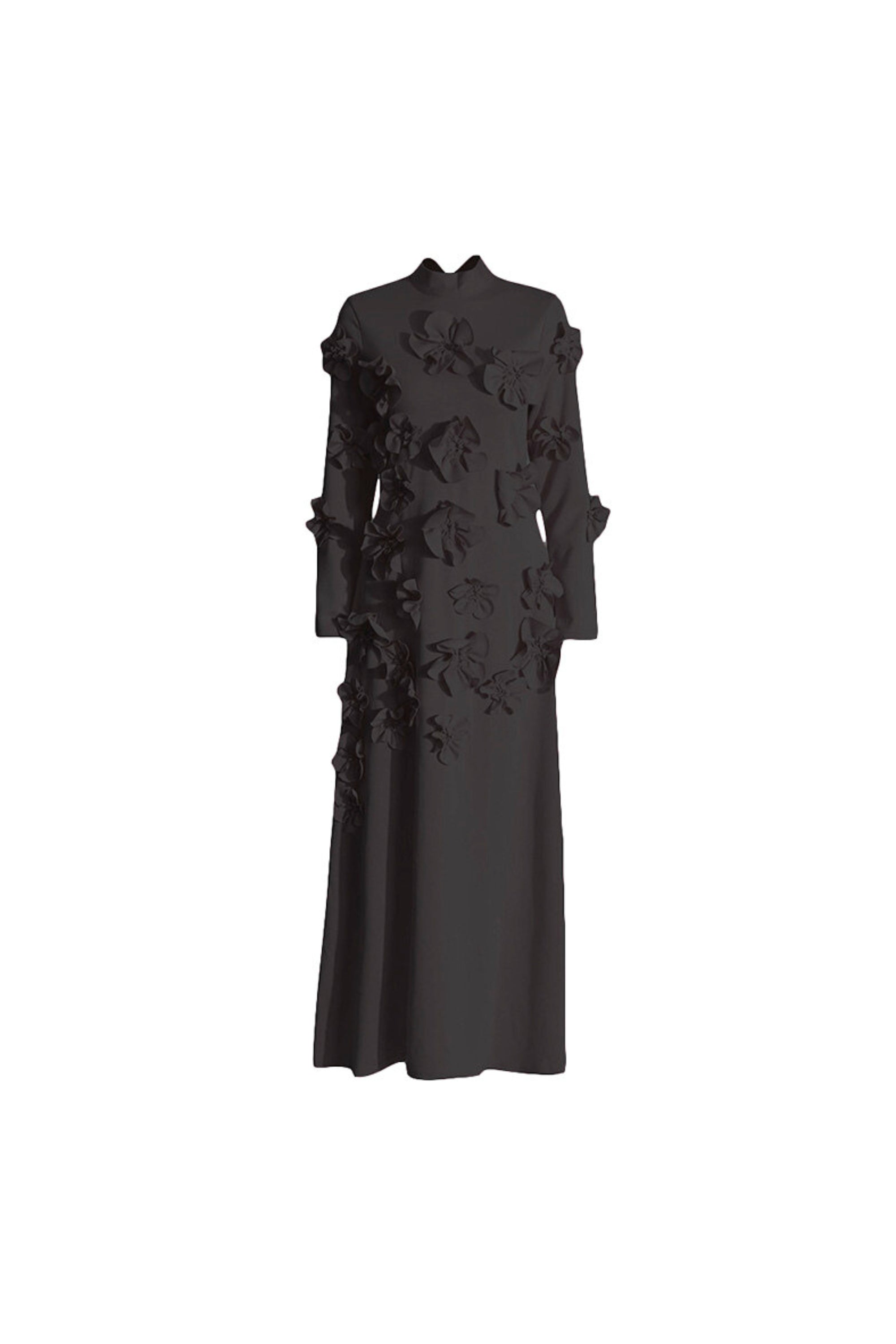 Flowering Girl Women 3D Flower Stand Collar Long Sleeve Midi Dress