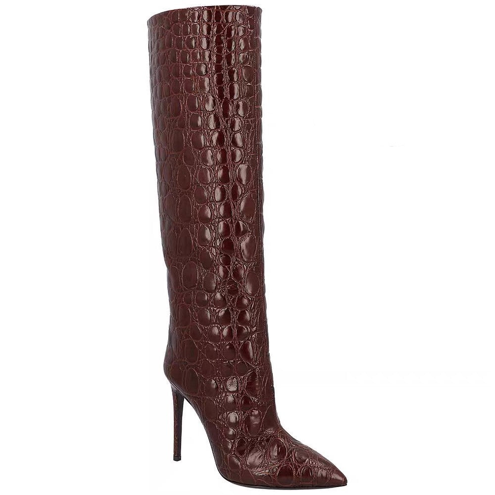 Flowering Girl Women Snake-print high-heeled pointed-toe straight-leg boots