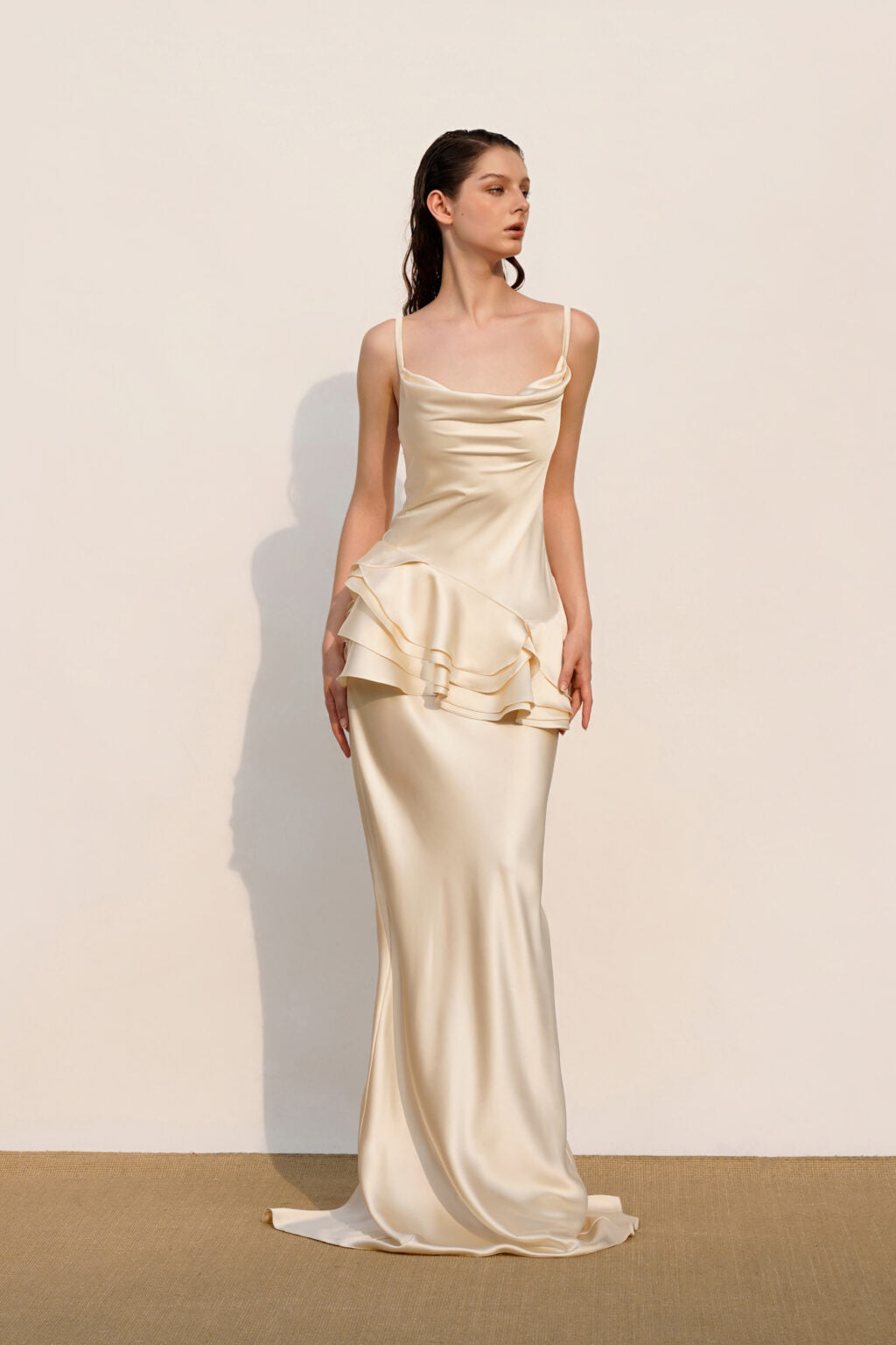 Flowering Girl Women Beverly Splicing Ruffle Silk Maxi Dress In Apricot