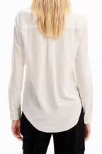 White Butterfly Print Button-Down Shirt with Striped Cuffs