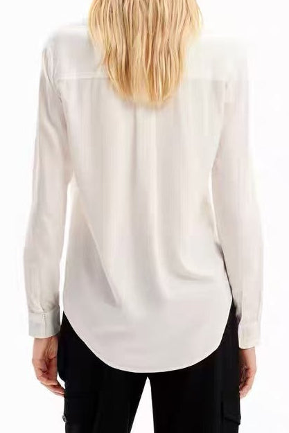 White Butterfly Print Button-Down Shirt with Striped Cuffs