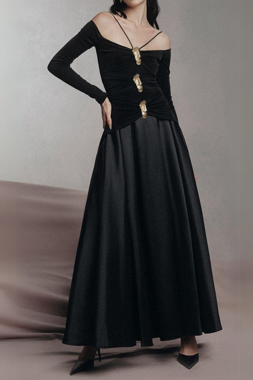 Flowering Girl Women Black A-Line Cold Shoulder Sleeved Spandex Taffeta Maxi Dress