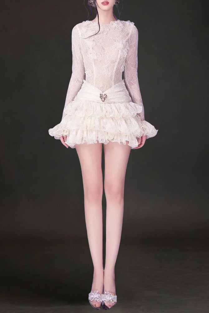 Eudora Lace Embroidery Ruched Trim Mini Dress In White