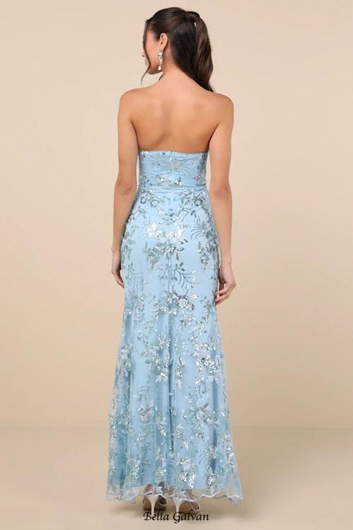 Flowering Girl Women Sequin print Strapless Bustier Maxi Dress in blue