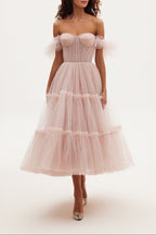 Misty Rose Ruffled Tulle Midi Dress