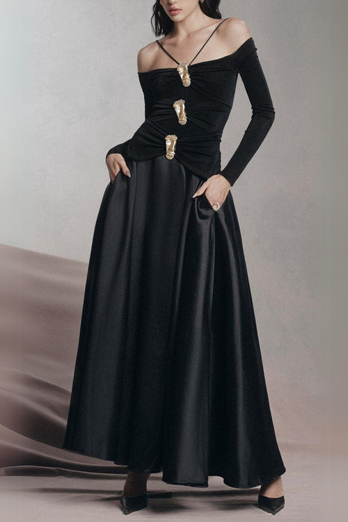 Flowering Girl Women Black A-Line Cold Shoulder Sleeved Spandex Taffeta Maxi Dress
