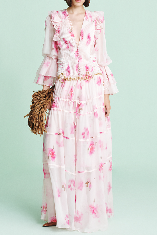 Kimberley Pink v-Neck Floral Print Printed Maxi Dress