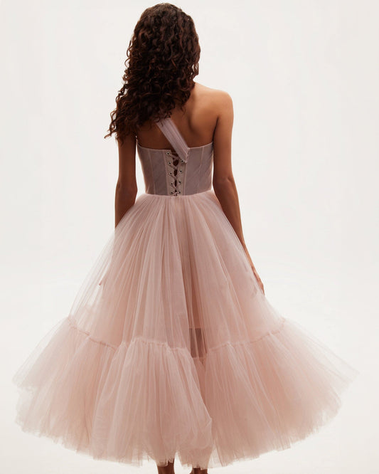 Misty Rose One-Shoulder Cocktail Tulle Dress