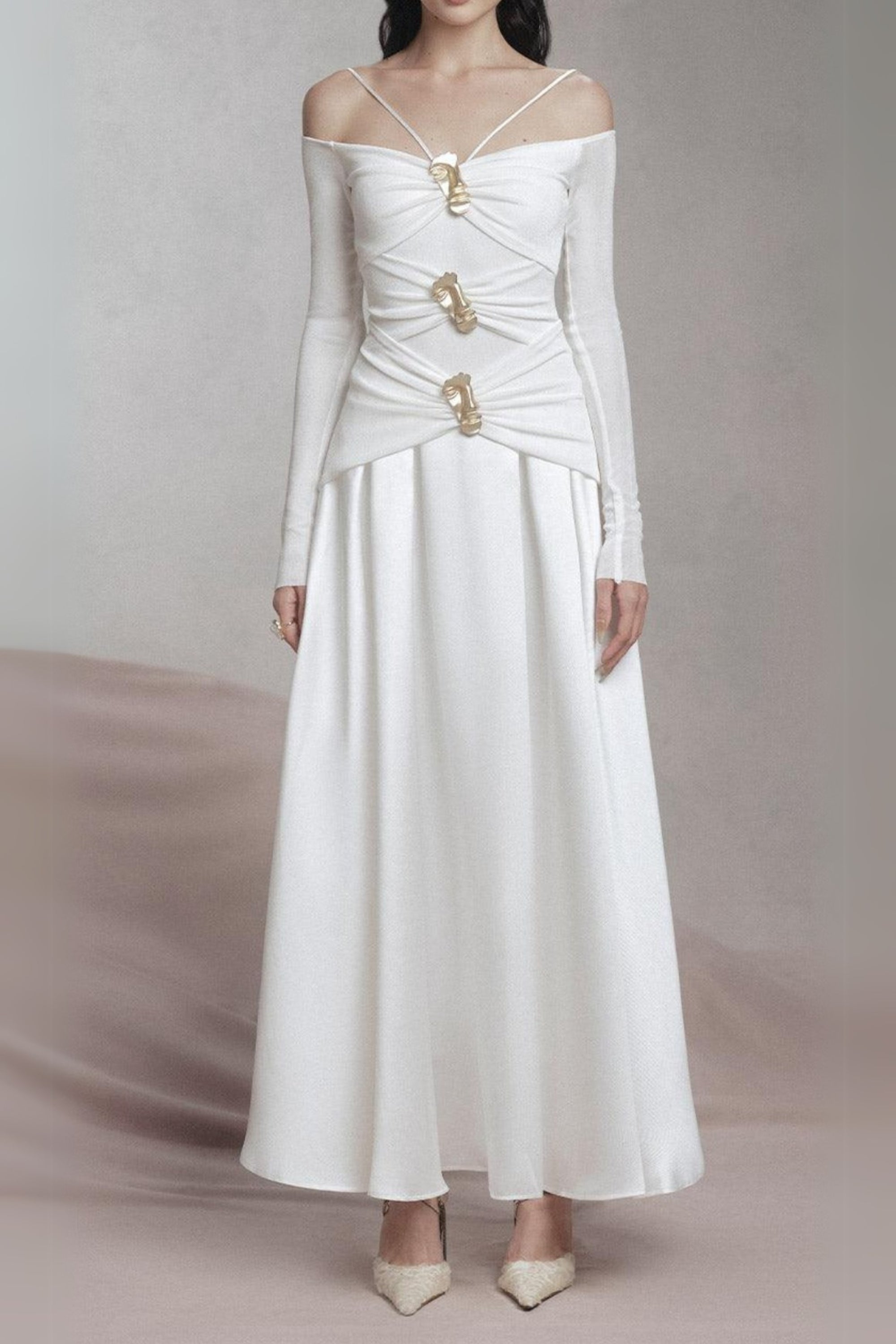 Flowering Girl Women White A-Line Cold Shoulder Sleeved Spandex Taffeta Maxi Dress