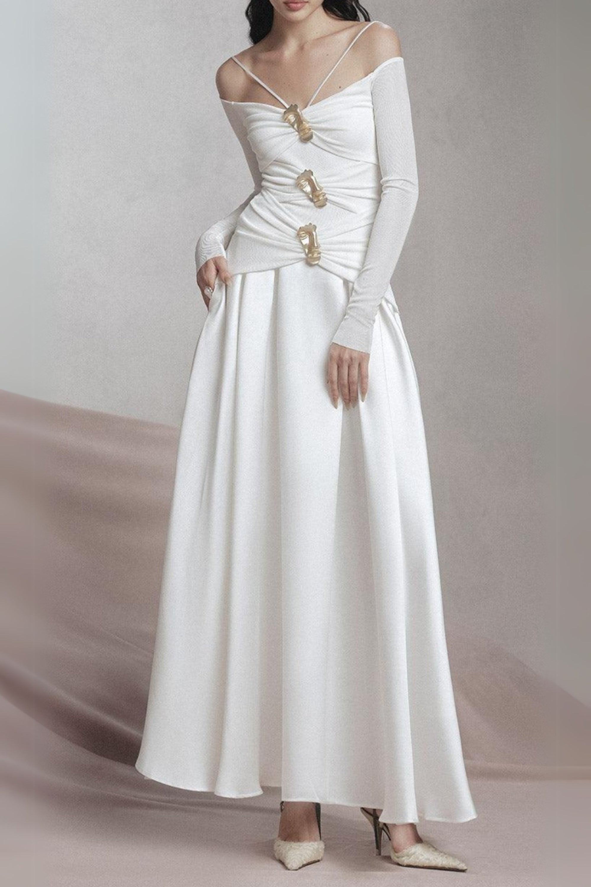 Flowering Girl Women White A-Line Cold Shoulder Sleeved Spandex Taffeta Maxi Dress