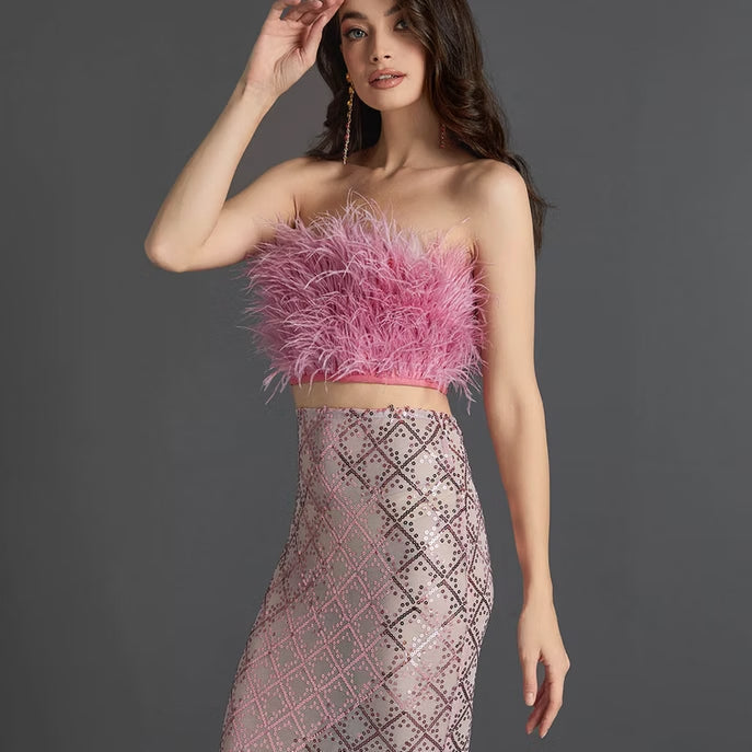 Audrey Pink Feather Top Sequin Midi Skirt Set