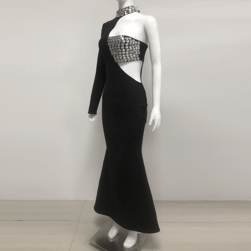 Flowering Girl Women crystal embellished One-Sleeve Cut-Out Maxi Dress in black