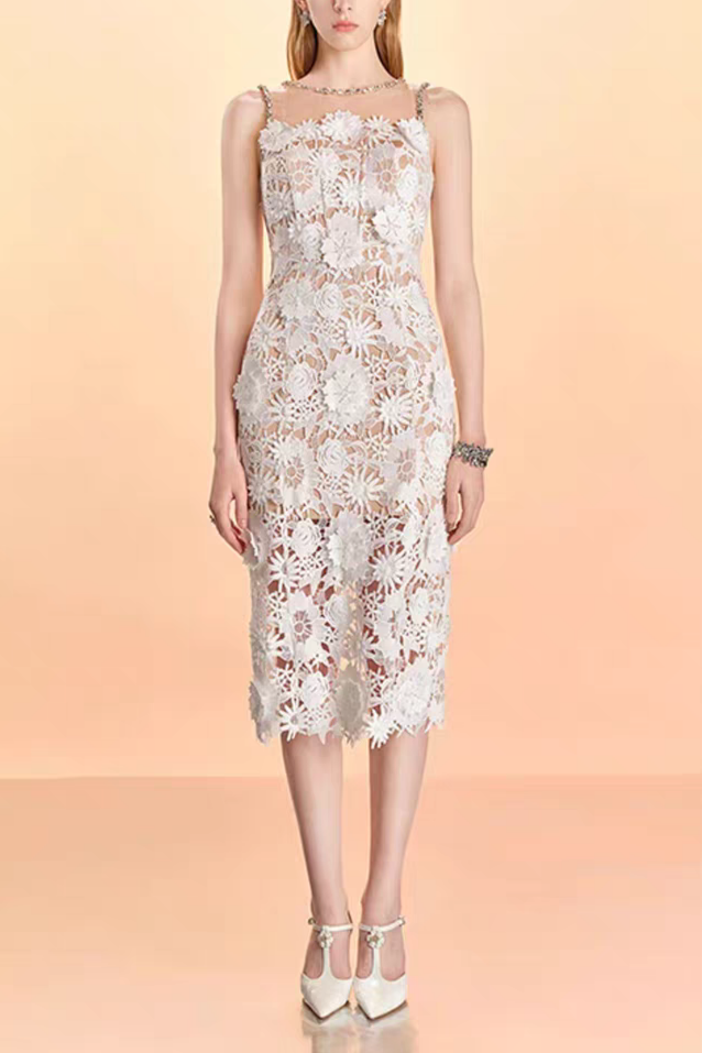 MESH DIAMOND LACE MIDI DRESS IN WHITE