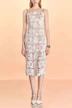 MESH DIAMOND LACE MIDI DRESS IN WHITE