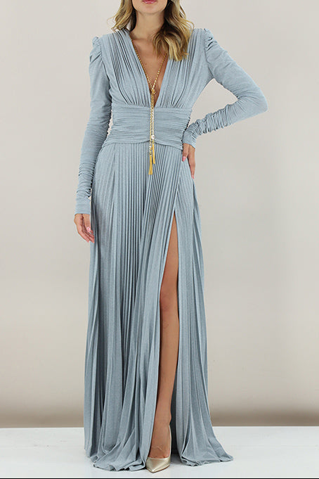 Meroy Deep V Puff Sleeve Pleated Maxi Dress In Pale Blue
