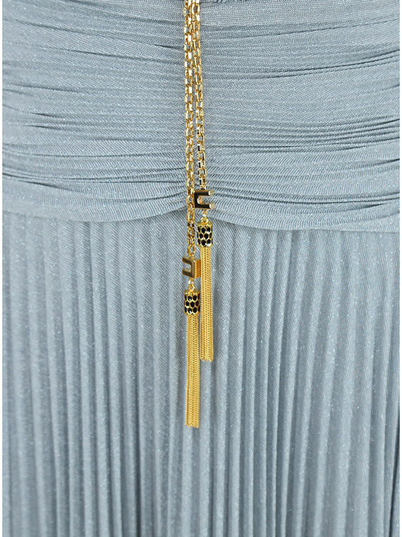 Meroy Deep V Puff Sleeve Pleated Maxi Dress In Pale Blue
