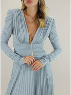 Meroy Deep V Puff Sleeve Pleated Maxi Dress In Pale Blue