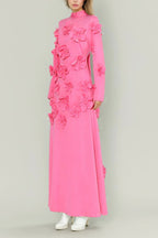 Flowering Girl Women 3D Flower Stand Collar Long Sleeve Midi Dress