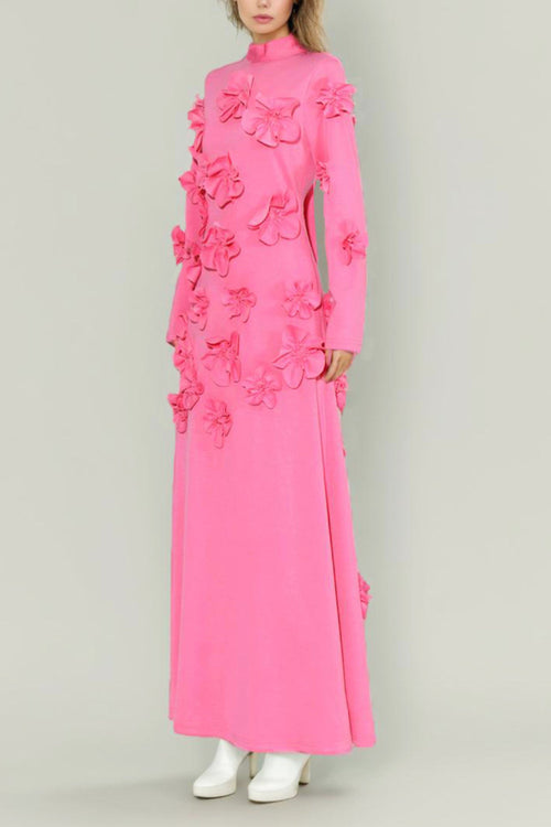 Flowering Girl Women 3D Flower Stand Collar Long Sleeve Midi Dress
