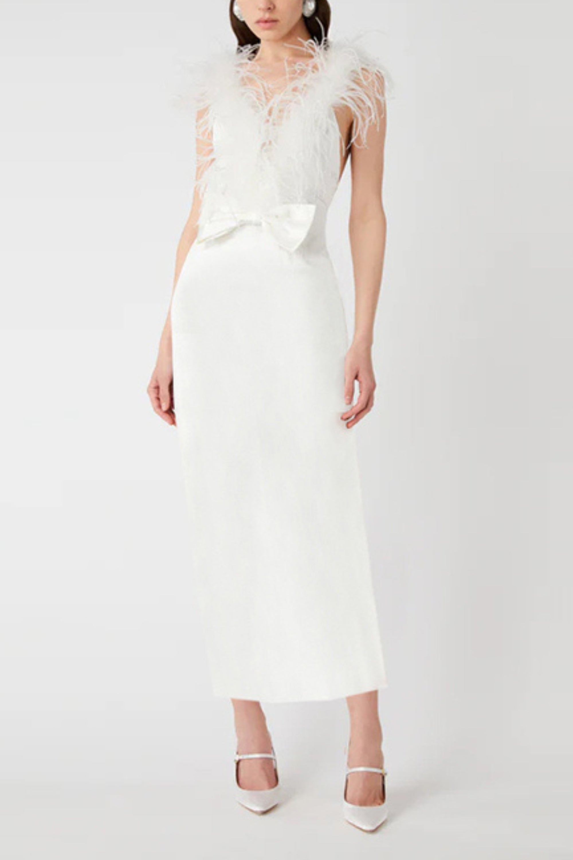 Flowering Girl Women Feather Bow Backless Midi Dresses In White