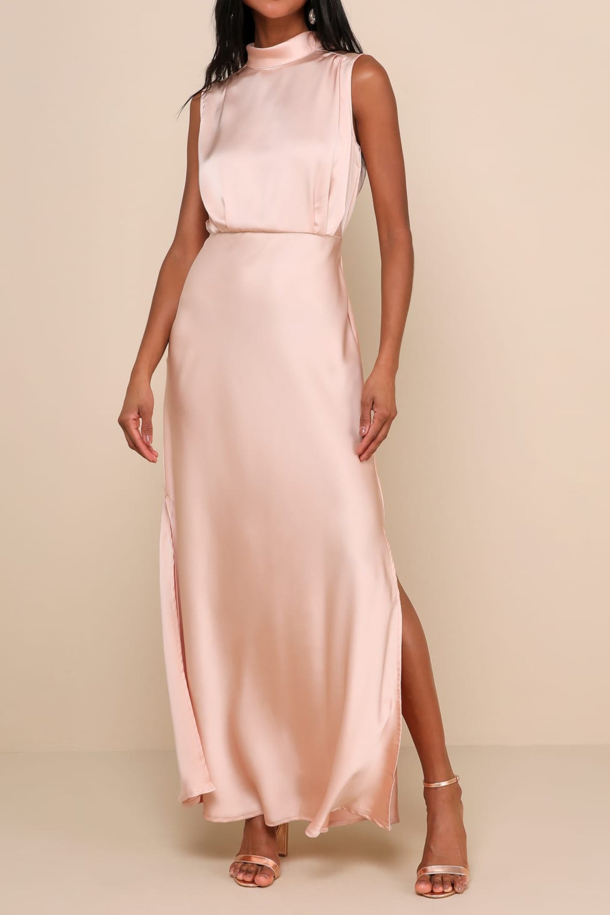 Flowering Girl Women Blush Satin Sleeveless Mock Neck Maxi Dress
