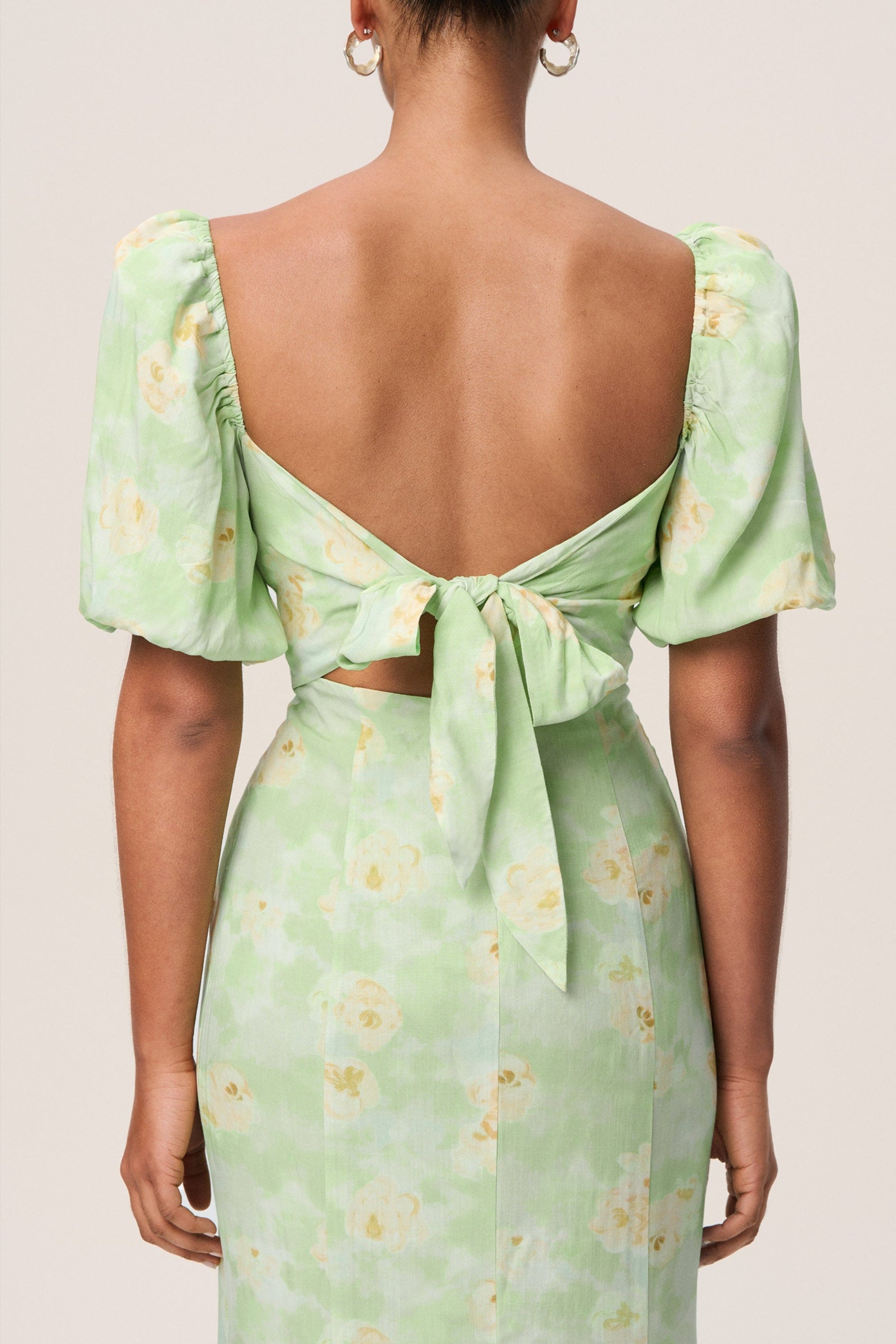 Flowering Girl Women Floral Puff Sleeve Midi Dress In Green
