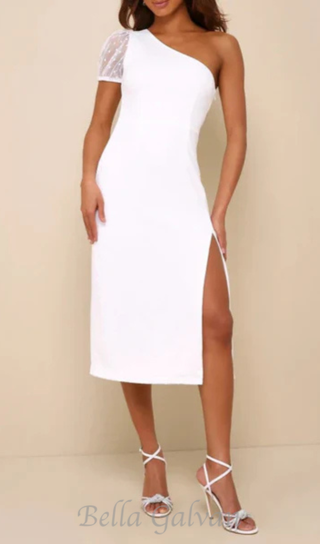 Flowering Girl Women Amazing Glamour White Polka Dot Mesh One-Shoulder Midi Dress