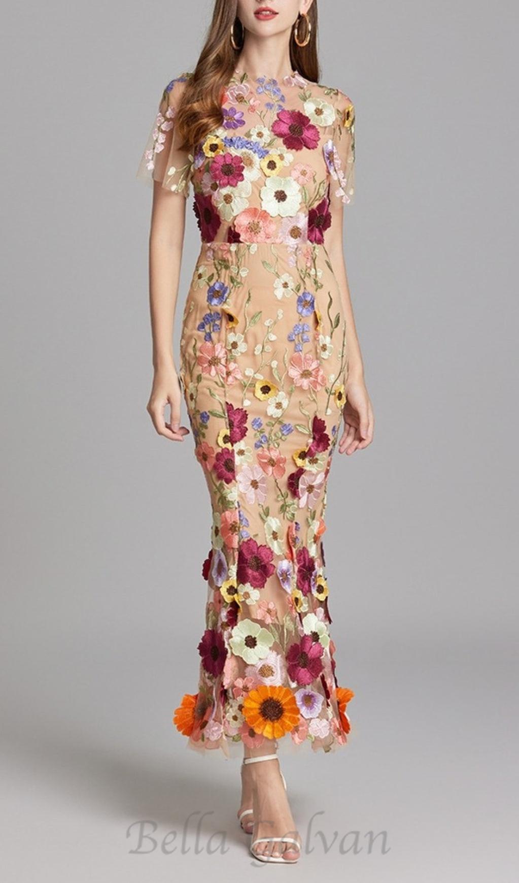 Flowering Girl Women FLORAL EMBROIDERY MESH FISHTAIL MIDI DRESS IN BROWN