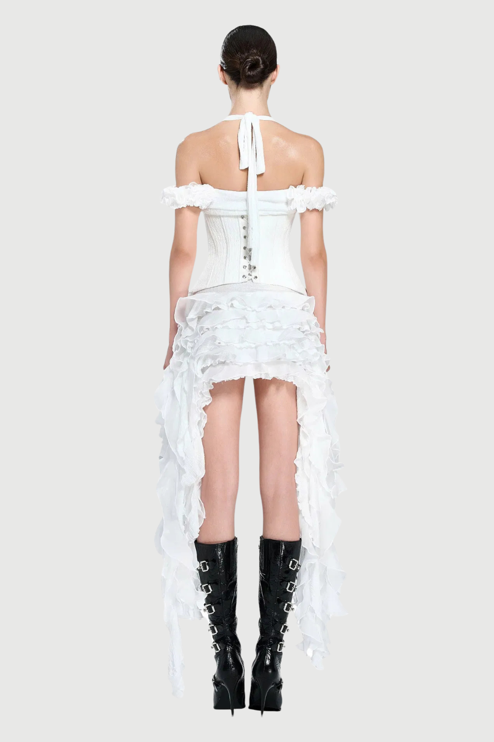 Flowering Girl Women elva halter three-dimensional flower irregular tassel mini dress in white