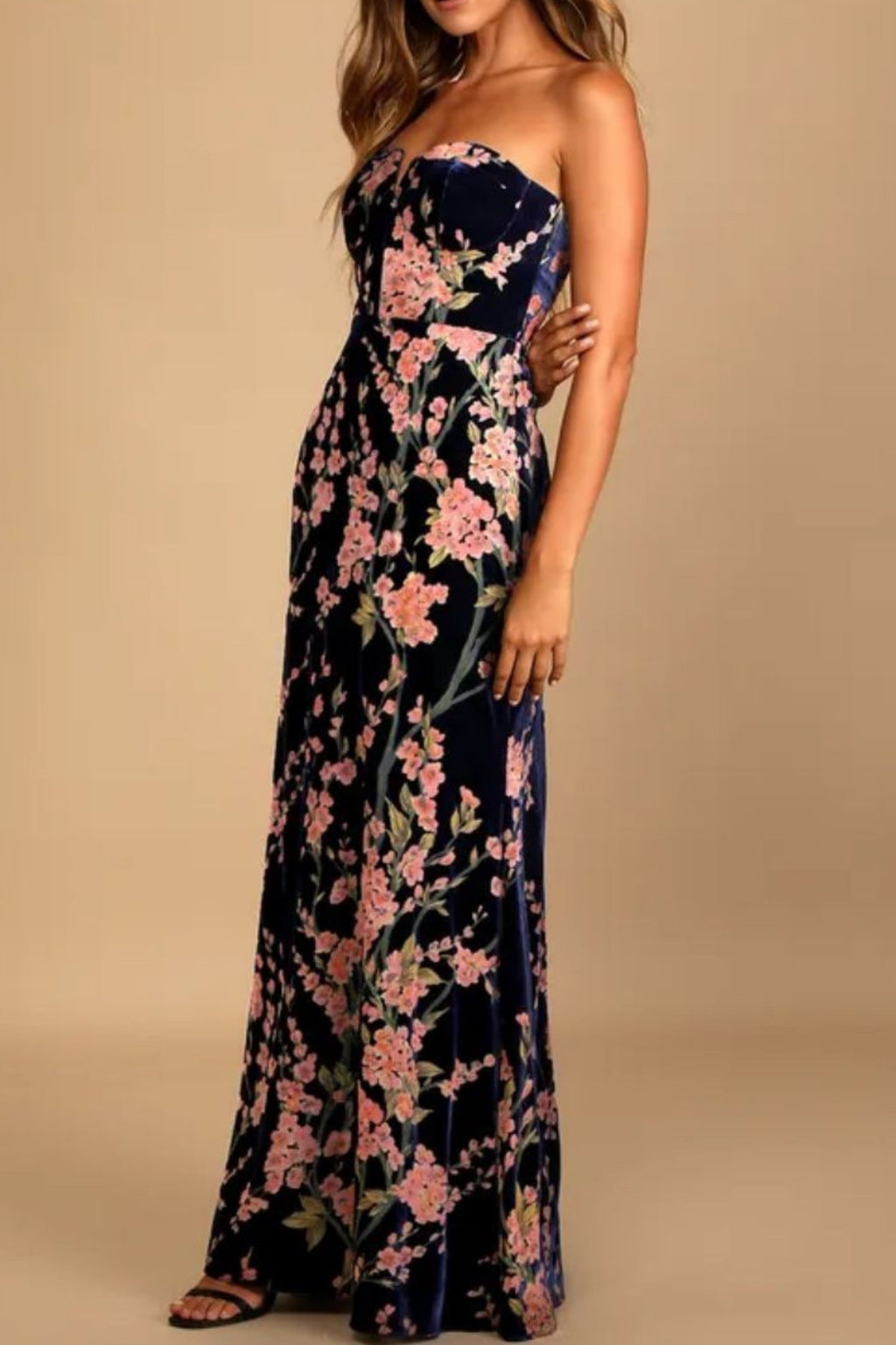 Flowering Girl Women Navy Blue Floral Print Velvet Strapless Maxi Dress