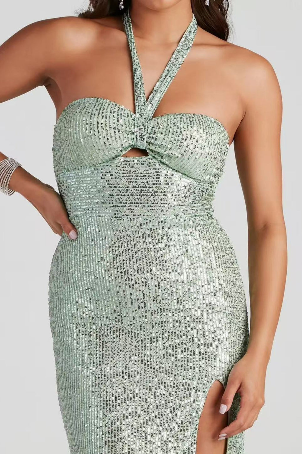 Flowering Girl Women Halter Sequined Slit Maxi Dress