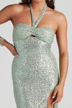 Flowering Girl Women Halter Sequined Slit Maxi Dress