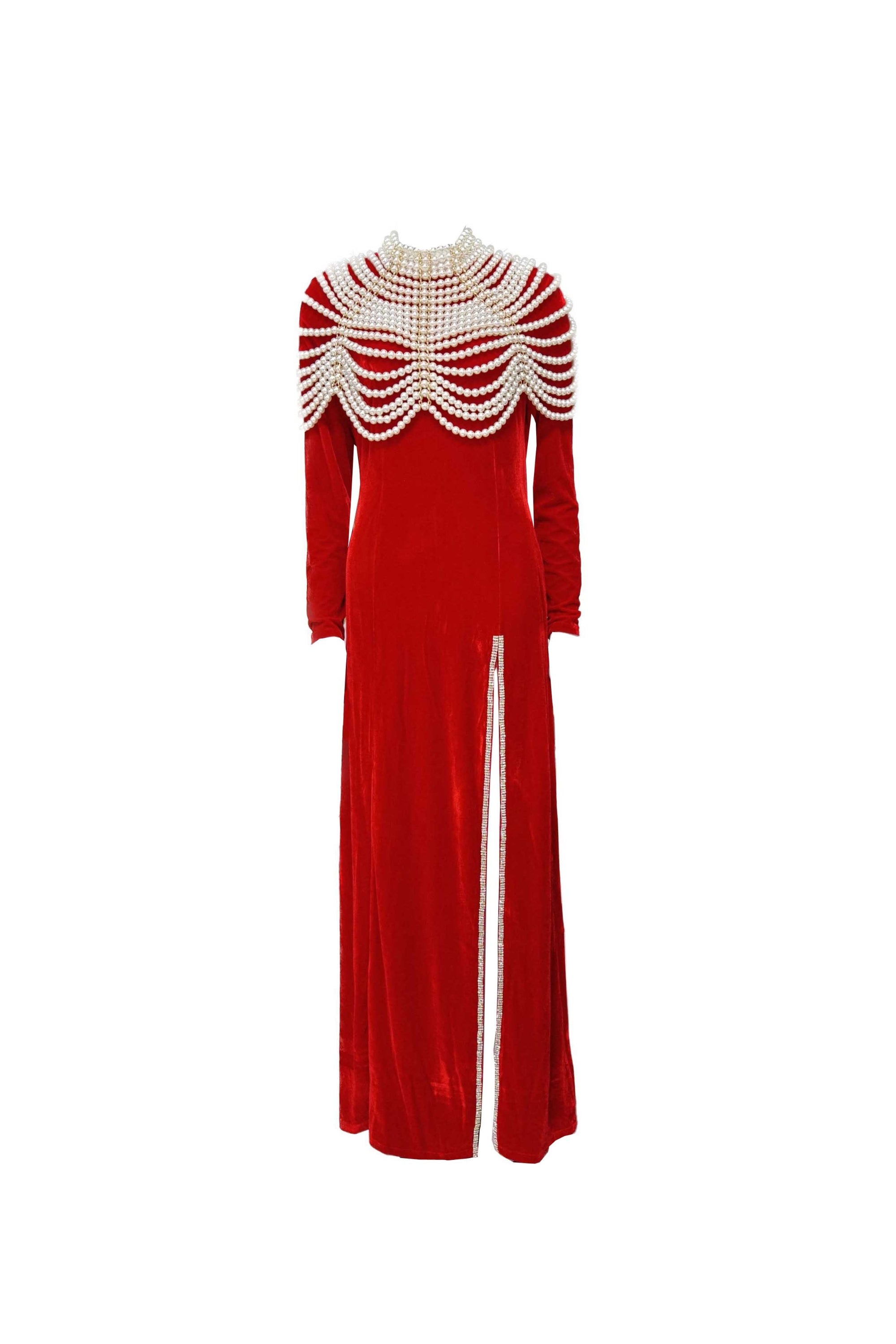Flowering Girl Women Aaliyah Pearl Embellished Velvet Maxi Dress In Red
