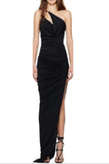 Flowering Girl Women One-Shoulder Sleeveless Ruched Bodycon Maxi Dress In Black