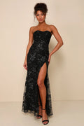 Flowering Girl Women Sequin print Strapless Bustier Maxi Dress in black