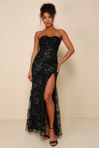 Flowering Girl Women Sequin print Strapless Bustier Maxi Dress in black