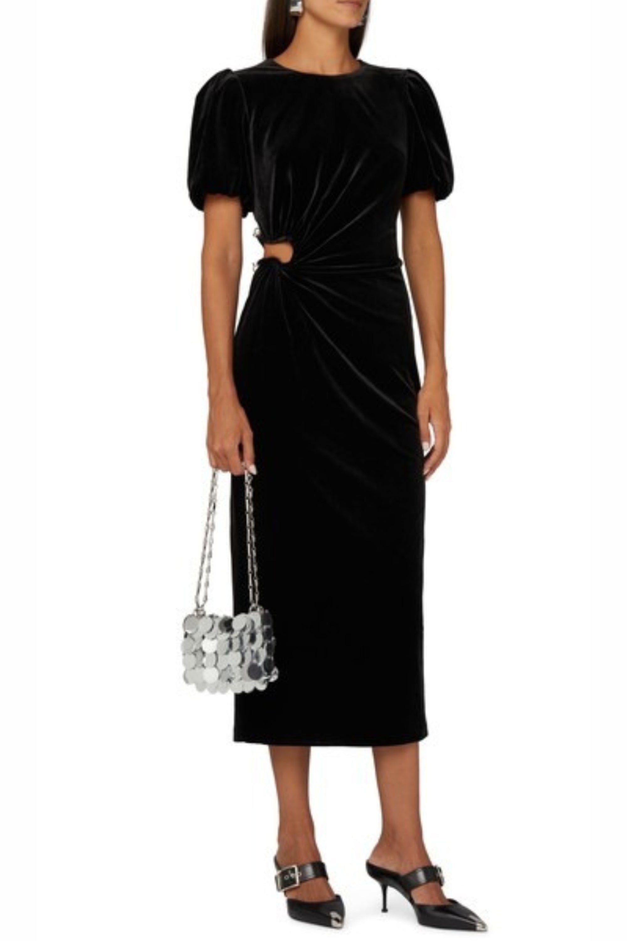 Flowering Girl Women Pleated Velvet Cut-Out Midi Dress In Black