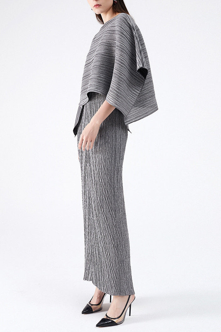 Maureen Pleated Midi Dress With Cape In Gray Set