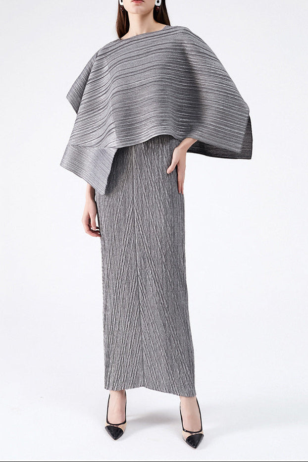 Maureen Pleated Midi Dress With Cape In Gray Set