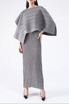 Maureen Pleated Midi Dress With Cape In Gray Set