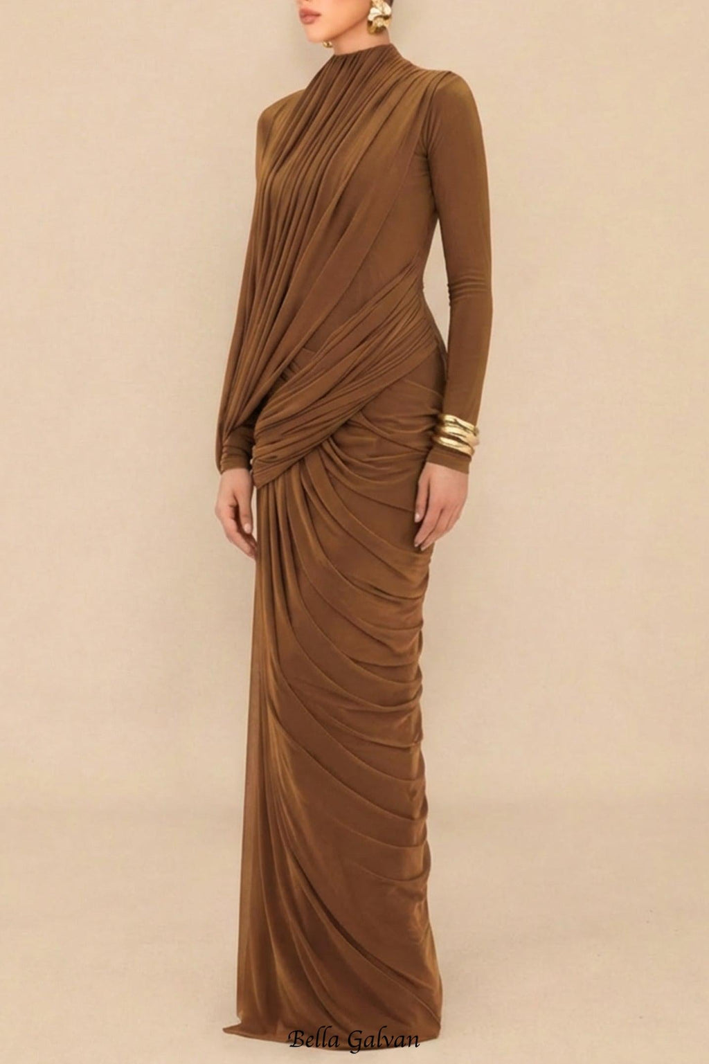 liz High Neck Asymmetric Drape ruched Maxi Dress in brown