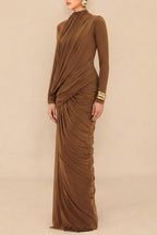 liz High Neck Asymmetric Drape ruched Maxi Dress in brown
